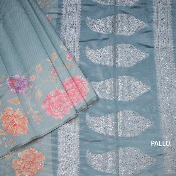 Raw Silk Powder Blue Zari stripes Saree And Printed Sequence Work