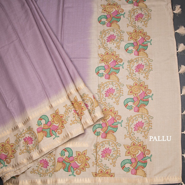 Tussar Lavender Plain Saree With Temple Border