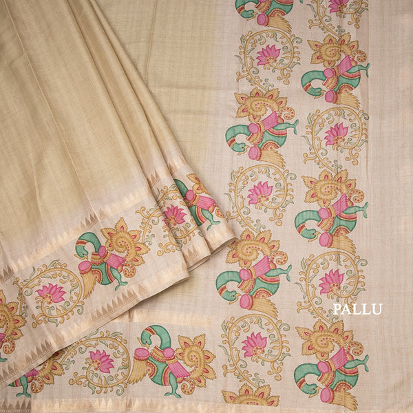 Tussar Pastel Yellow Plain Saree With Temple Border