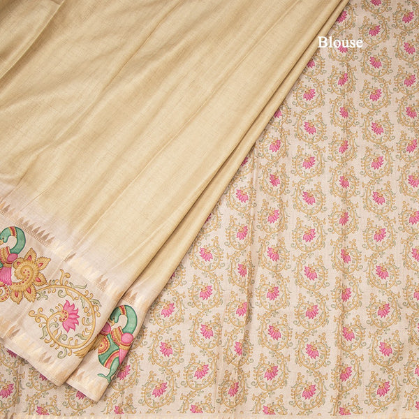 Tussar Pastel Yellow Plain Saree With Temple Border