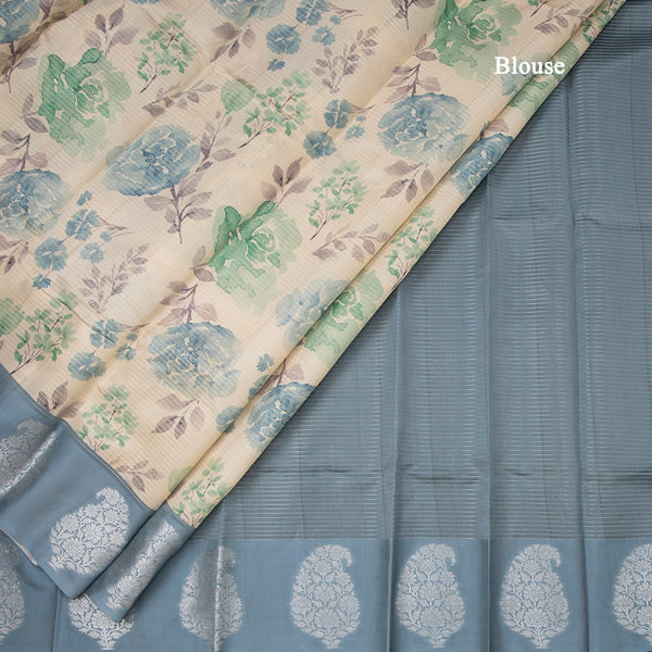 Raw Silk Cream Zari Stripes With Floral Printed Saree