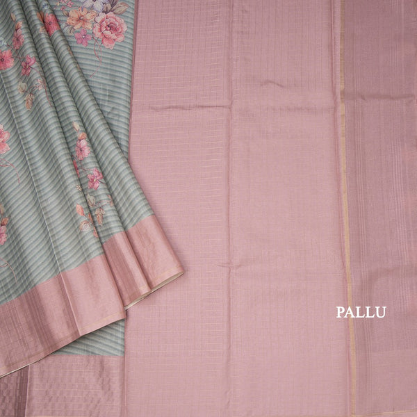 Raw Silk Pista Green Stripes Printed Saree With Zari Checks Border