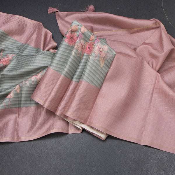 Raw Silk Pista Green Stripes Printed Saree With Zari Checks Border