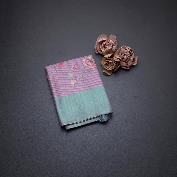Raw Silk Onion Pink Stripes Printed Saree With Zari Checks Border 02