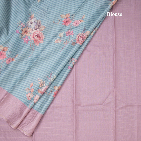 Raw Silk Light Blue Stripes Printed Saree With Zari Checks Border