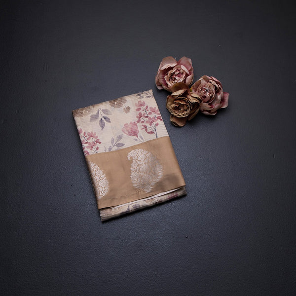 Raw Silk Cream Zari Stripes With Floral Printed Saree 03