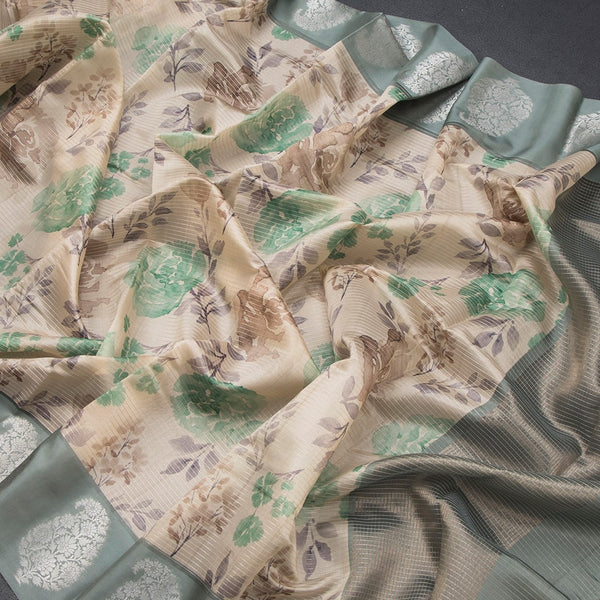Raw Silk Cream Zari Stripes With Floral Printed Saree 04