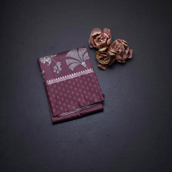 Raw Silk Wine Colour Floral Printed Saree