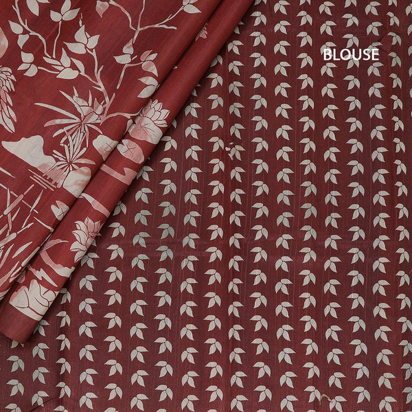 Semi Raw Silk Maroon Floral Printed Saree With Ribbon Border