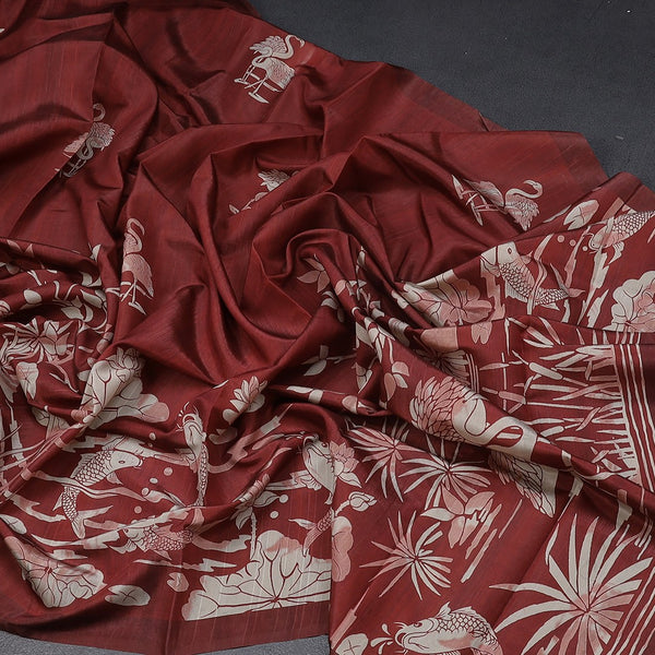 Semi Raw Silk Maroon Floral Printed Saree With Ribbon Border