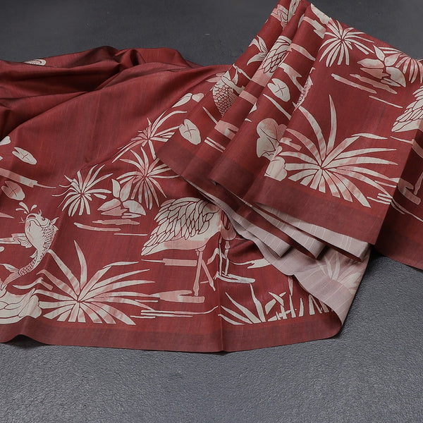 Semi Raw Silk Maroon Floral Printed Saree With Ribbon Border