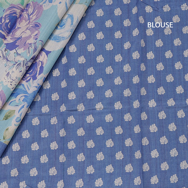 Semi Raw Silk Sky Blue Floral Printed Saree With Ribbon Border