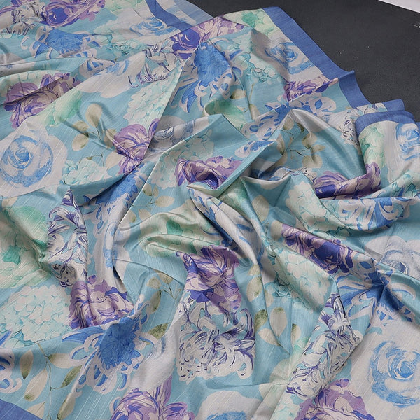 Semi Raw Silk Sky Blue Floral Printed Saree With Ribbon Border