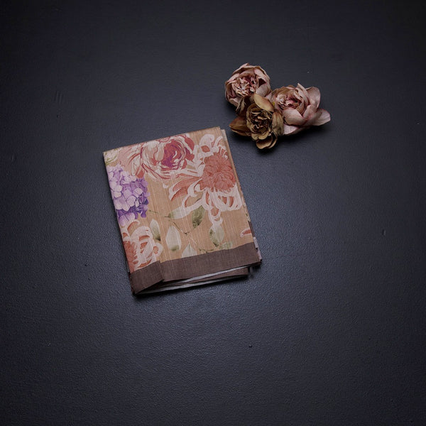 Semi Raw Silk Light Brown Floral Printed Saree With Ribbon Border