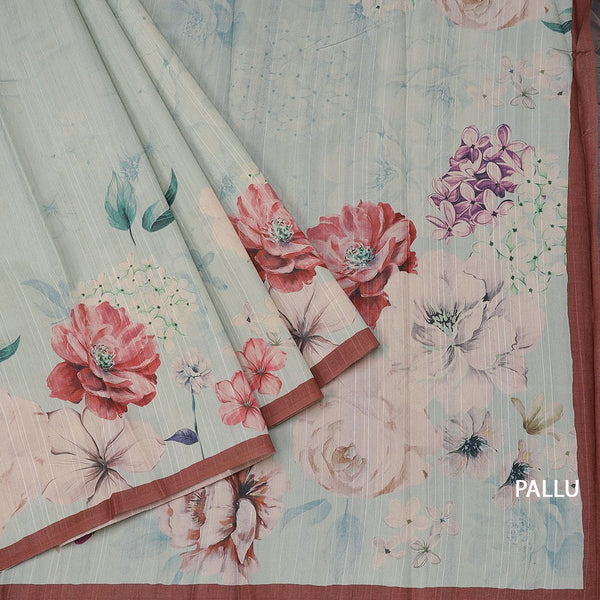 Semi Raw Silk Light Green Floral Printed Saree With Ribbon Border
