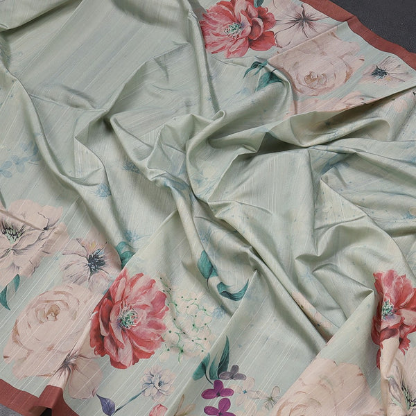 Semi Raw Silk Light Green Floral Printed Saree With Ribbon Border