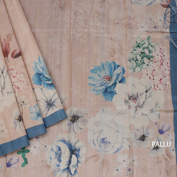Semi Raw Silk Light Brown Floral Printed Saree With Ribbon Border 02