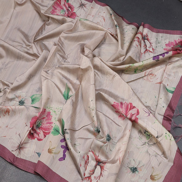 Semi Raw Silk Beige Floral Printed Saree With Ribbon Border