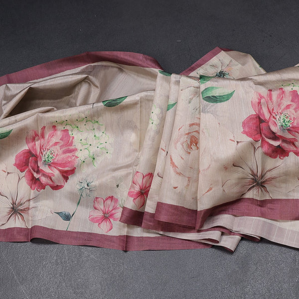 Semi Raw Silk Beige Floral Printed Saree With Ribbon Border