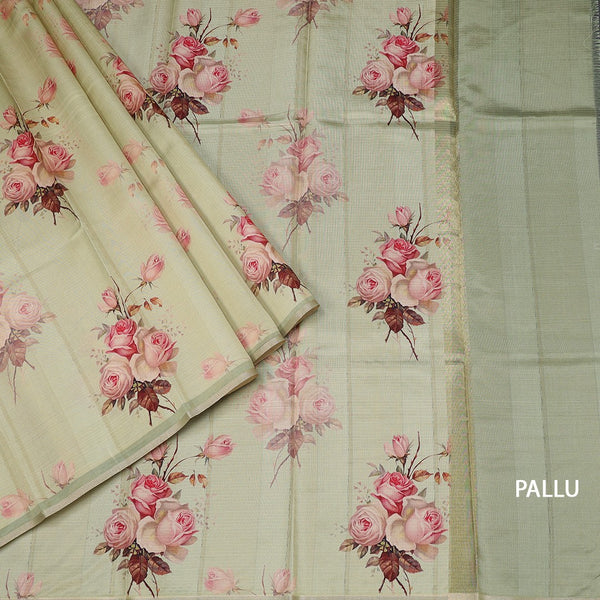 Semi Raw Silk Pista Green Floral Printed Borderless Saree