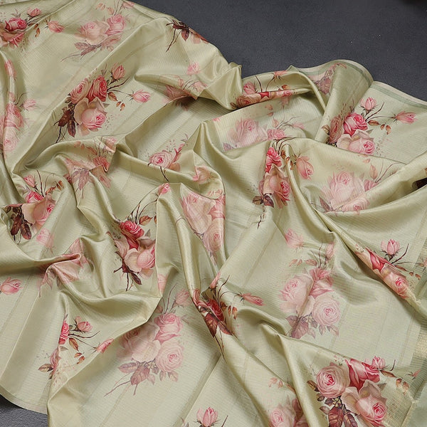 Semi Raw Silk Pista Green Floral Printed Borderless Saree