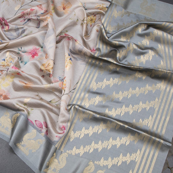 Raw Silk Grey Floral Printed Saree With Zari Border