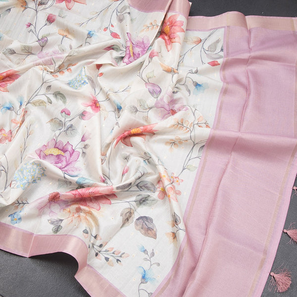 Raw Silk Cream Floral Printed Saree With Zari Border 02