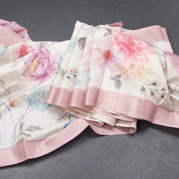 Raw Silk Cream Floral Printed Saree With Zari Border 02