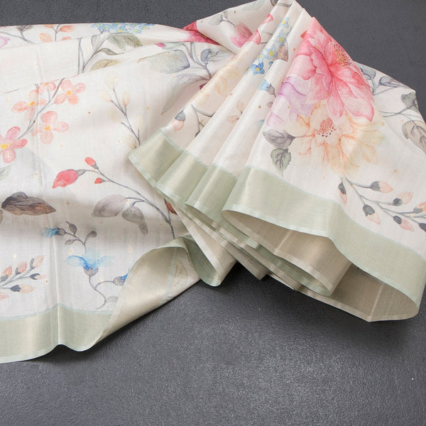 Raw Silk Cream Floral Printed Saree With Zari Border 03