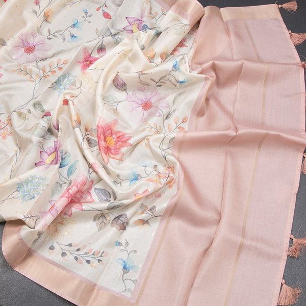 Raw Silk Cream Floral Printed Saree With Zari Border 05