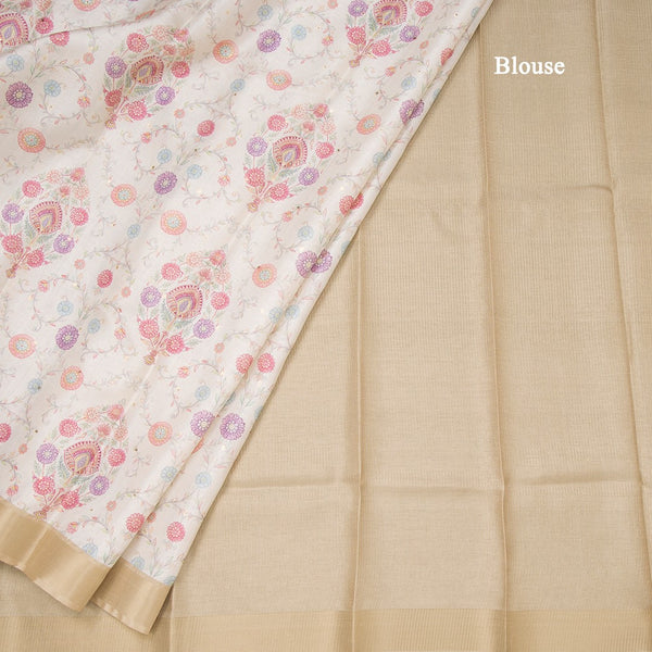 Raw Silk Cream Floral Printed Saree With Zari Border 06