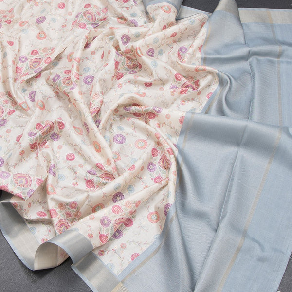 Raw Silk Cream Floral Printed Saree With Zari Border 07