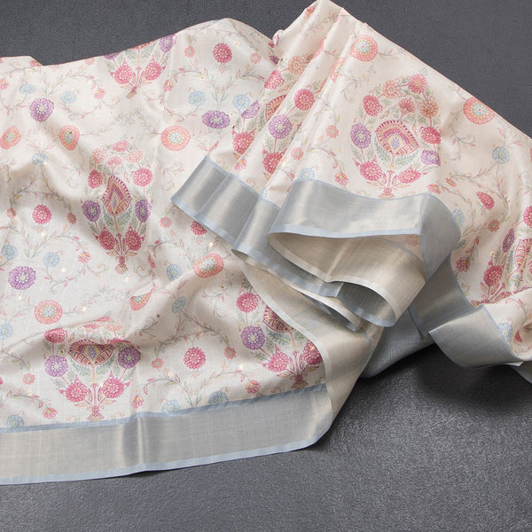 Raw Silk Cream Floral Printed Saree With Zari Border 07