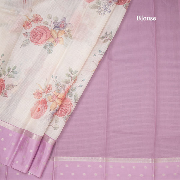 Kota Cream Floral Printed Saree With Zari Buttas On Border