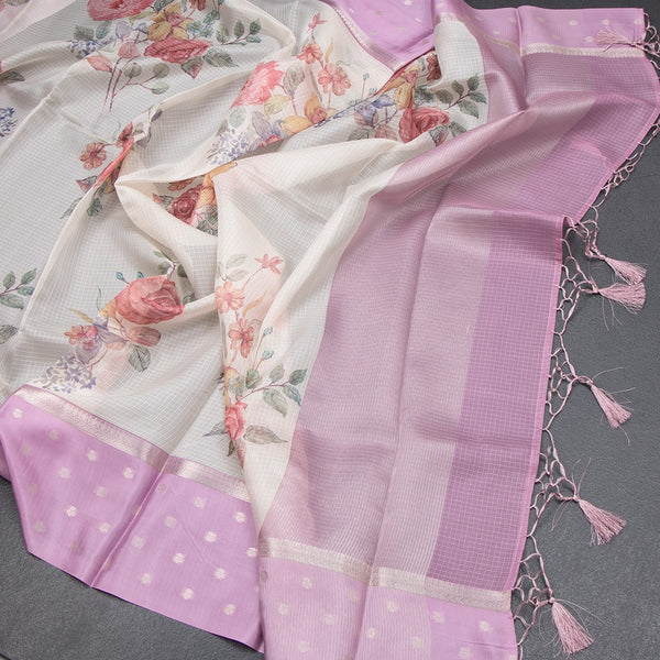 Kota Cream Floral Printed Saree With Zari Buttas On Border