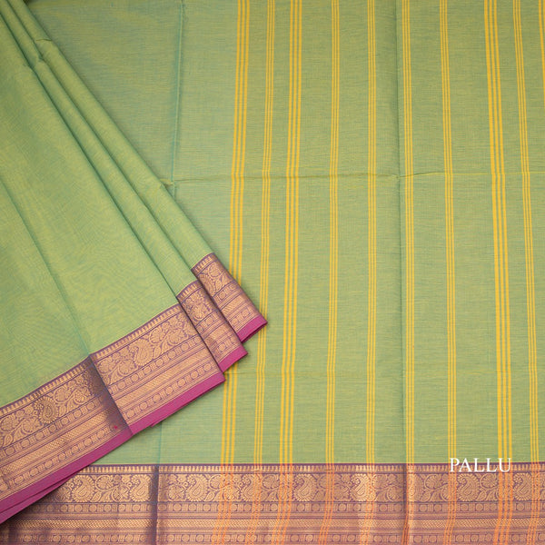 Chettinad Cotton Lime Green Plain Saree With Zari Border With Blouse