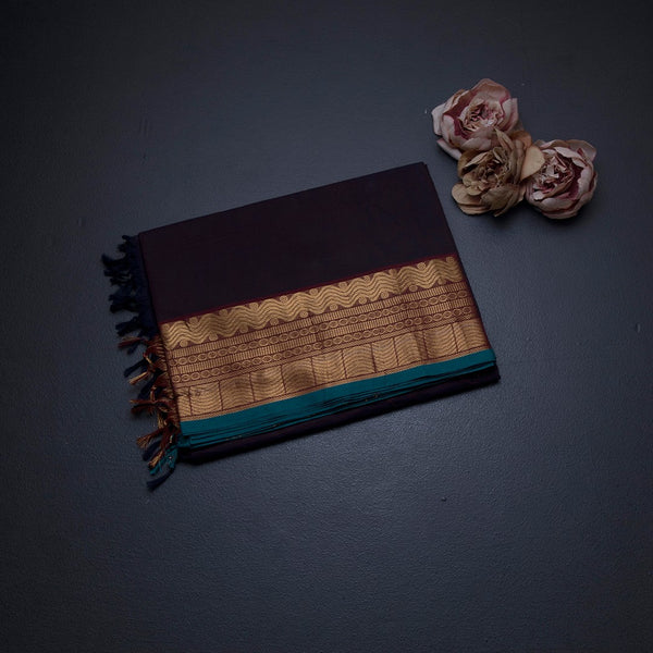 Chettinad Cotton Dark Maroon Plain Saree With Zari Border With Blouse