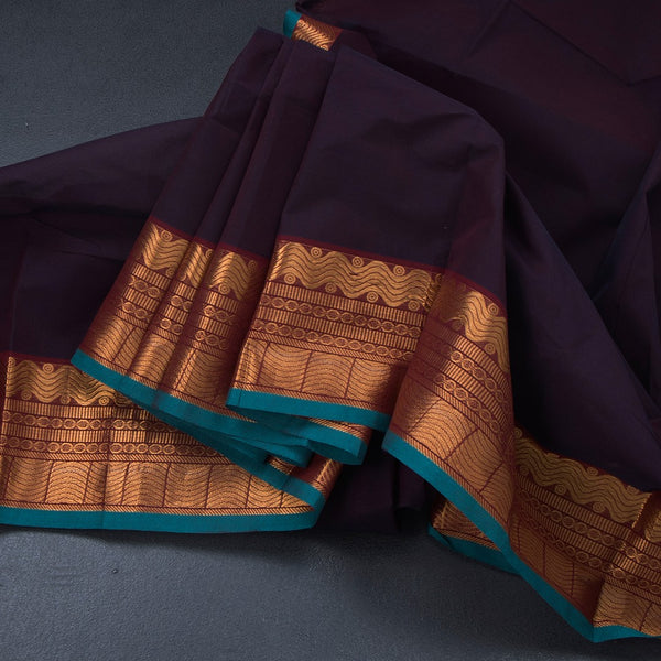 Chettinad Cotton Dark Maroon Plain Saree With Zari Border With Blouse