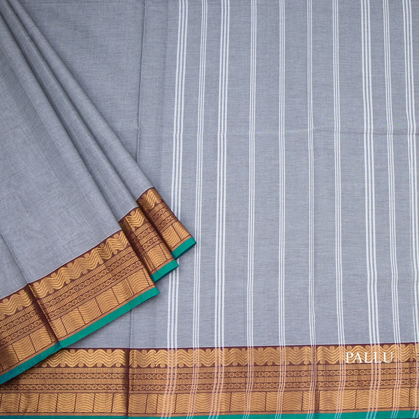 Chettinad Cotton Grey Plain Saree With Zari Border With Blouse