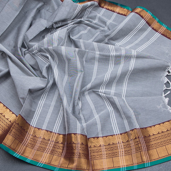 Chettinad Cotton Grey Plain Saree With Zari Border With Blouse