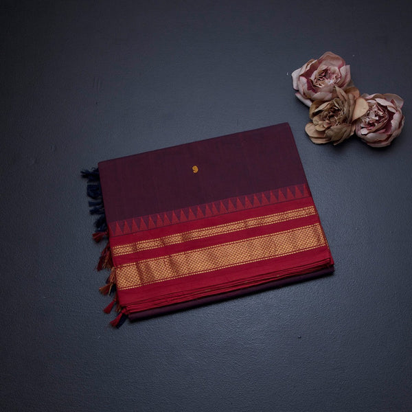 Chettinad Cotton Maroon Saree With Small Buttas And Temple Border With Blouse