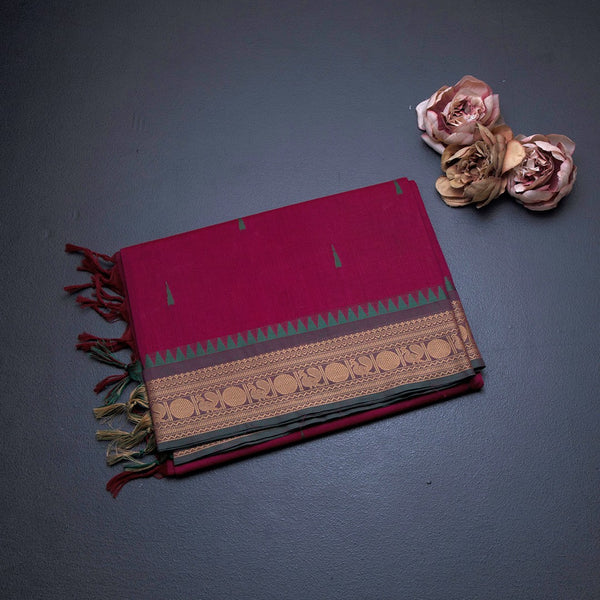 Chettinad Cotton Hot Pink Saree With Small Buttas And Temple Border With Blouse