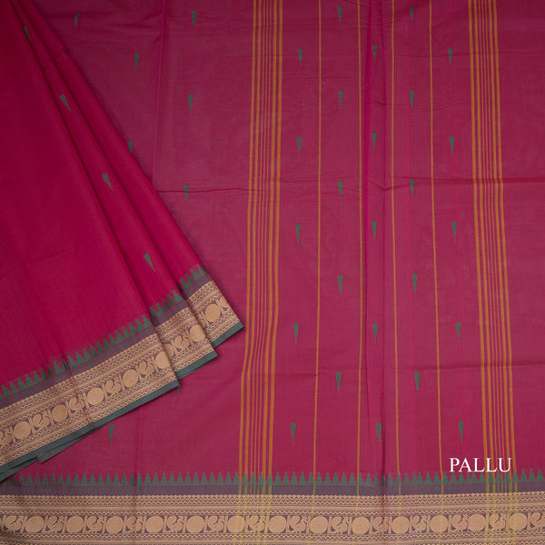Chettinad Cotton Hot Pink Saree With Small Buttas And Temple Border With Blouse