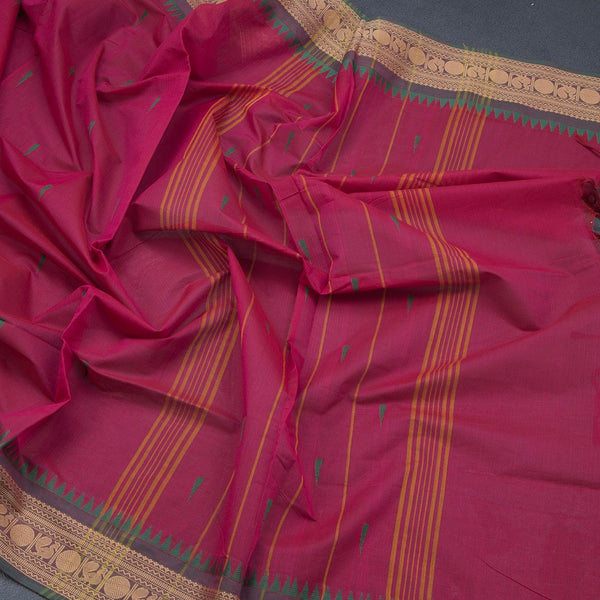 Chettinad Cotton Hot Pink Saree With Small Buttas And Temple Border With Blouse
