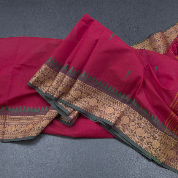 Chettinad Cotton Hot Pink Saree With Small Buttas And Temple Border With Blouse