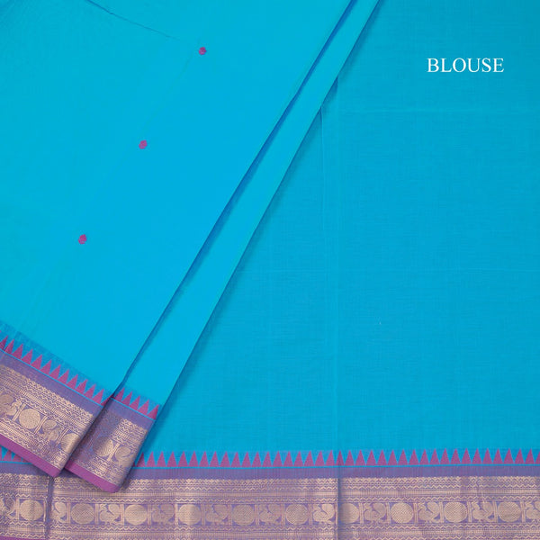 Chettinad Cotton Sky Blue Saree With Small Buttas And Temple Border With Blouse