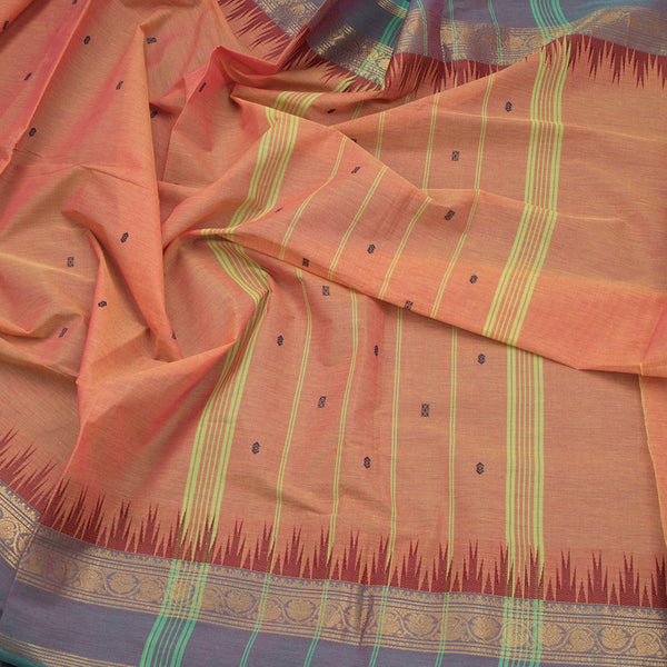 Chettinad Cotton Light Orange Saree With Small Buttas And Temple Border With Blouse
