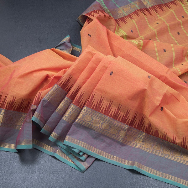 Chettinad Cotton Light Orange Saree With Small Buttas And Temple Border With Blouse