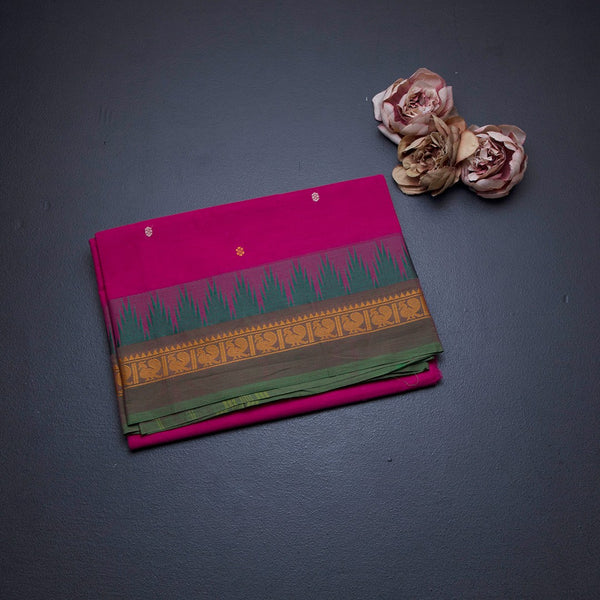 Chettinad Cotton Hot Pink Saree With Small Buttas And Temple Border With Blouse 02