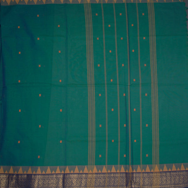 Chettinad Cotton Peacock Green Saree With Small Buttas And Temple Border With Blouse